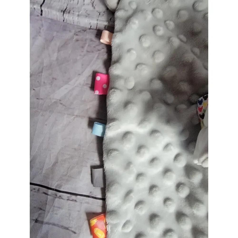 Gray Elephant Baby Security Blanket Minky Dot Polka Dot Tag Lovey with Teether